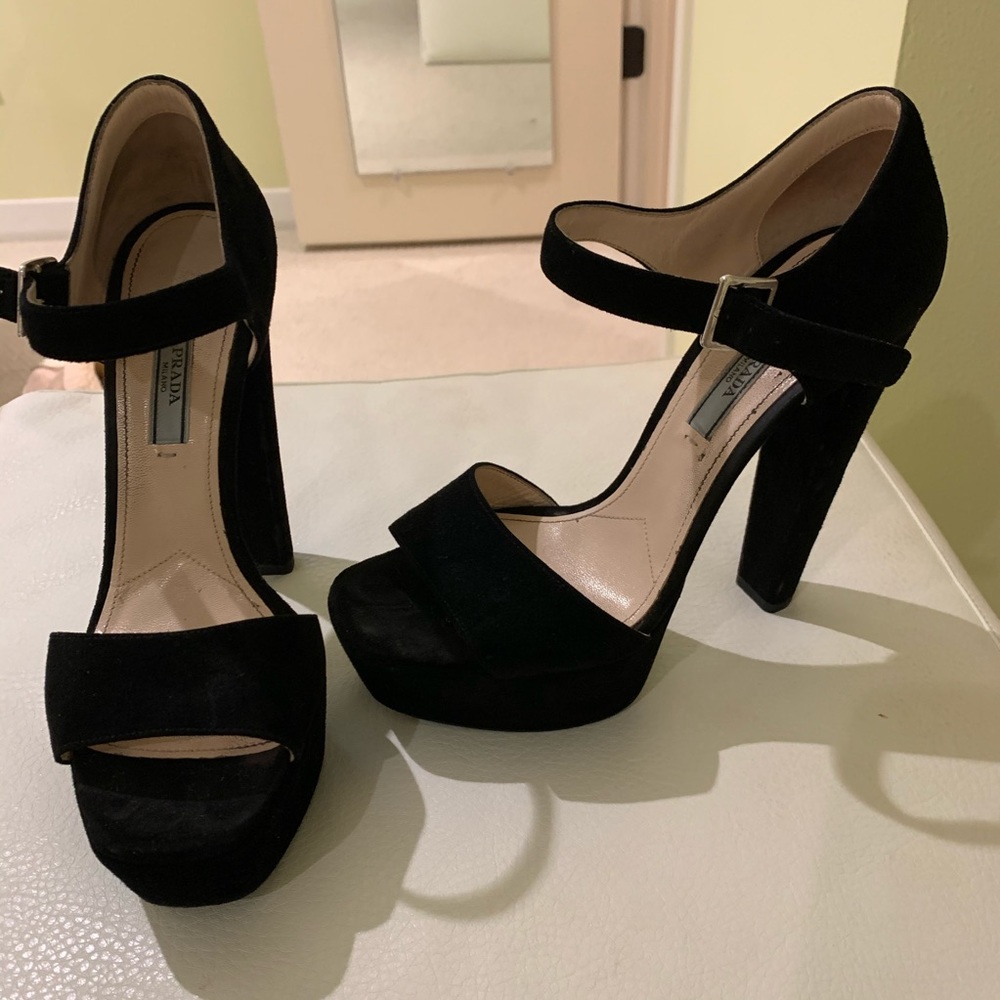 Prada Platform Heels Black Suede Ankle Strap Open Toe Size 38 - Picture 3 of 6